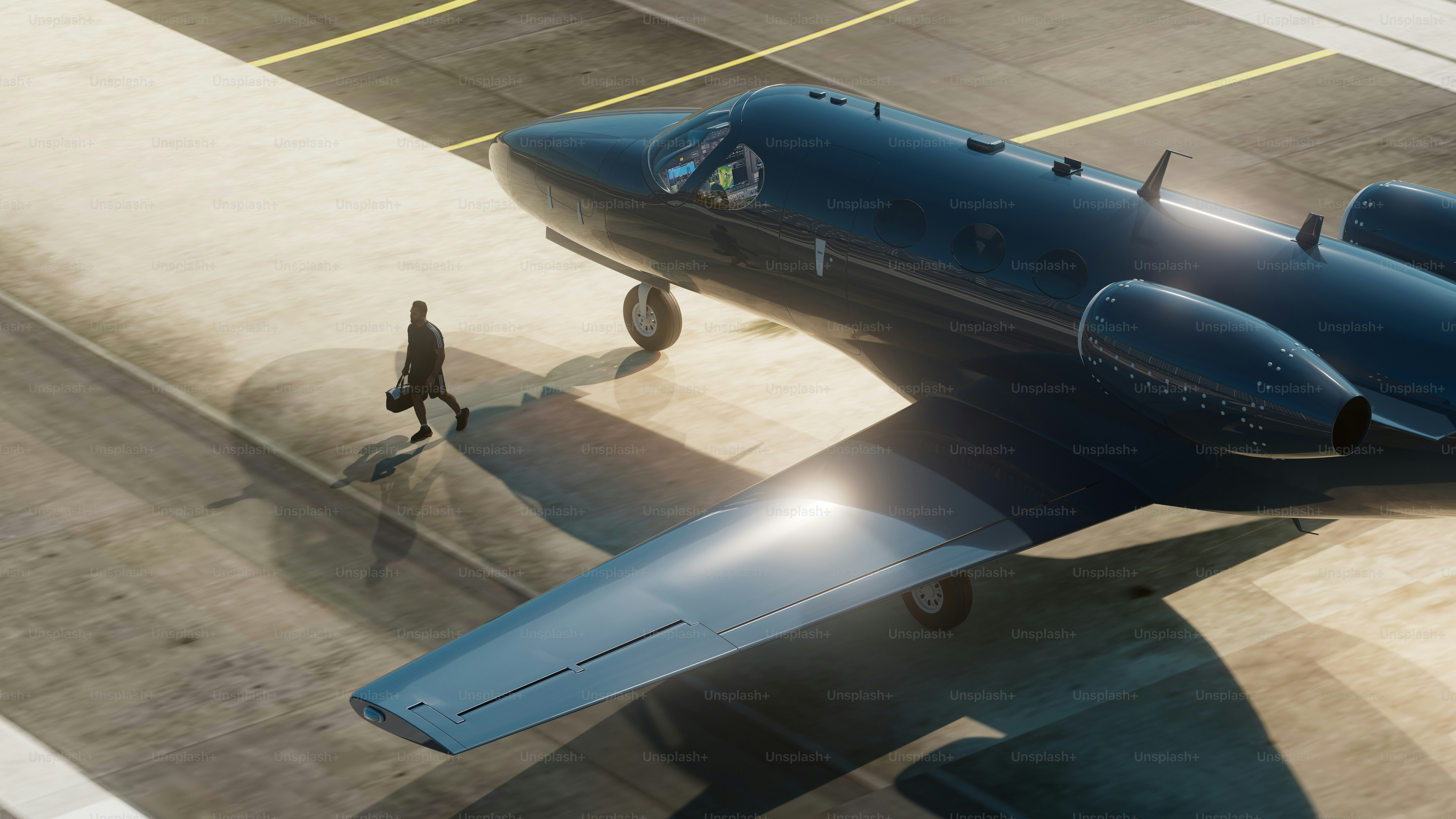 A man walks toward a dark blue private jet on the tarmac, carrying a small bag under the midday sun.